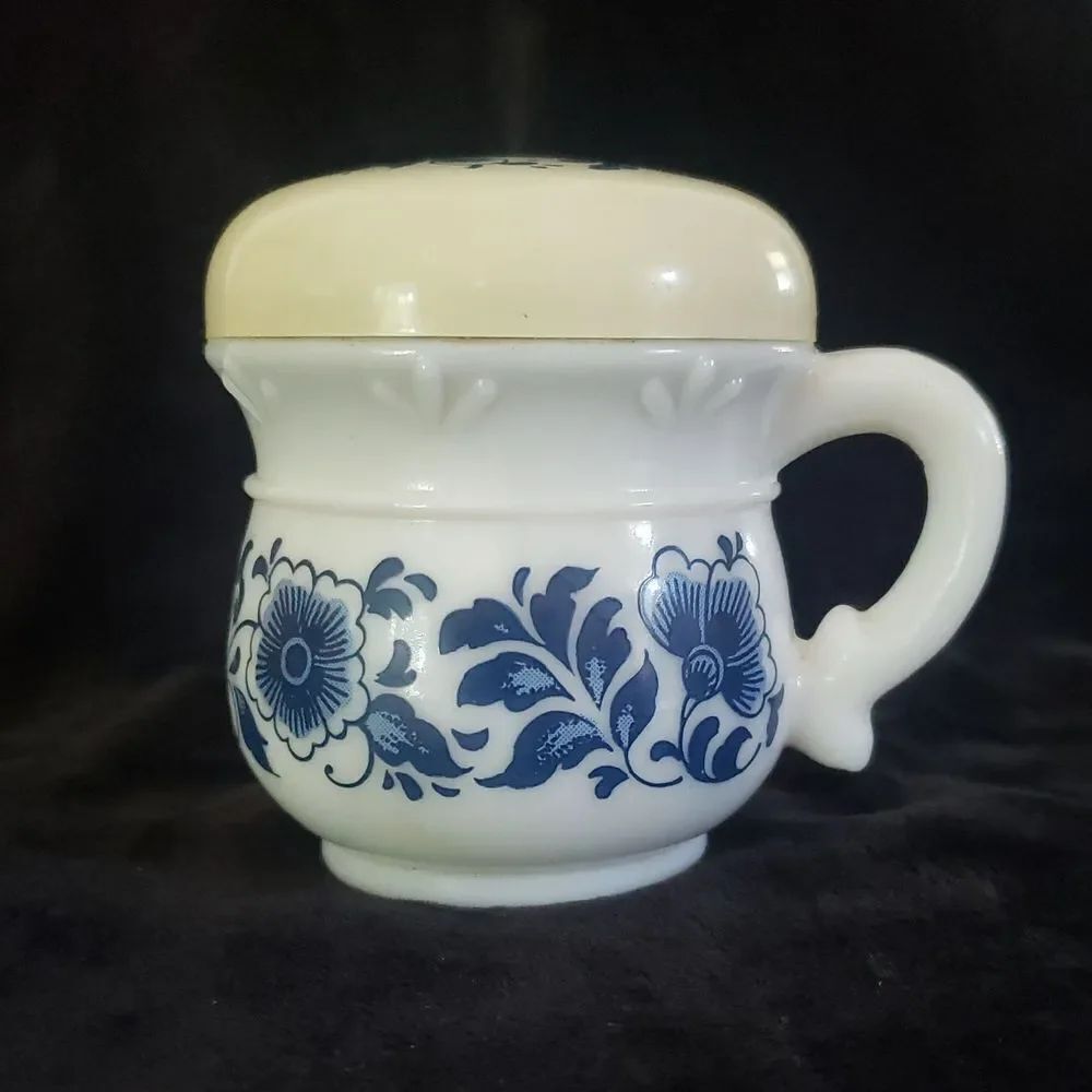 Vintage Avon Delft Blue Milk Glass Floral Design Decanter w/Plastic Lid